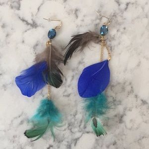 Beautiful blue and gold feather earrings